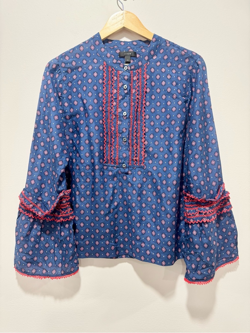 J.Crew NWOT Embroidered Bell‎ Sleeve Foulard Print Top Cotton Silk Size 10